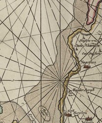 <p>De ligging van Huizen ten opzichte van Oud-Naarden is goed te zien op een kaart van omstreeks 1680-1704, uitgegeven door Johannes van Keulen. De betekenis van het dorp nam toe na 1350, toen Oud-Naarden verwoest werd en Naarden een stuk verder naar het westen opnieuw werd opgebouwd. </p>
